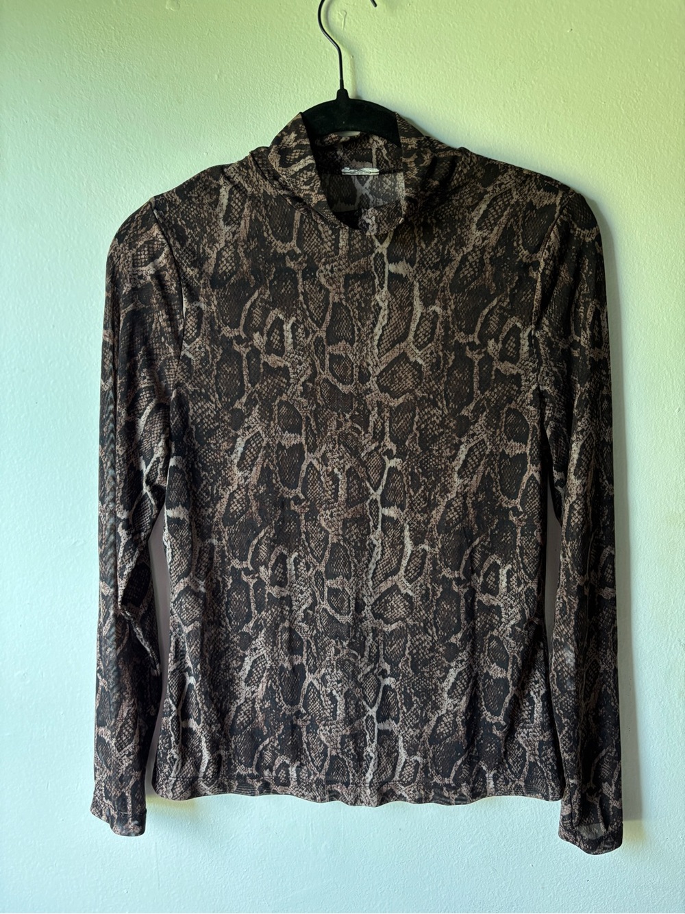 a new day Brown Snake-Print Long Sleeve M Sheer Mesh Women's Top